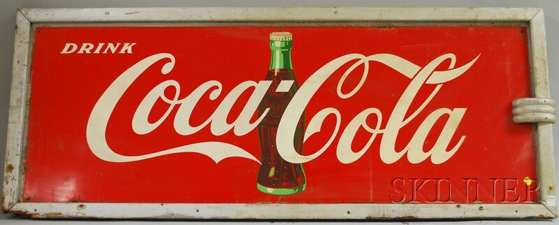 Drink Coca-Cola Painted Advertising Metal Sign, c.: Drink Coca-Cola Painted Advertising Metal Sign, c. 1951, in original silver painted wood frame, (imperfections, scattered edge corrosion, wood loss), sign lg. 20, wd. 55 1/2, in., overall lg. 23 3/4, 