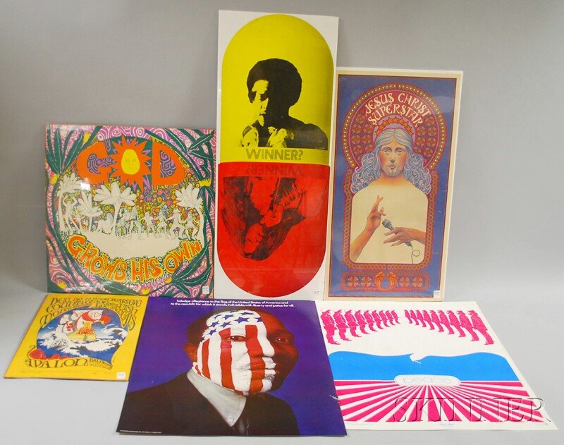 Six 1960s-70s Music and Culture Posters, Country J: Six 1960s-70s Music and Culture Posters, Country Joe and the Fish, Moby Grape, Lee Michaels, Avalon Ballroom 12/30-31 1967, Mouse/Kelly, Family Dog Productions, lg. 19 3/16, wd. 13 1/8 in.; Winner?, (