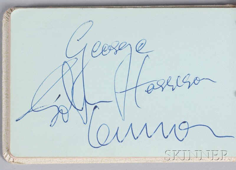 1964 Beatles Signed Autograph Book, in blue ink, o: 1964 Beatles Signed Autograph Book, in blue ink, one page signed by George Harrison and John Lennon, and one page signed by Paul McCartney and Ringo Starr, with related notations from friend "Louise,"