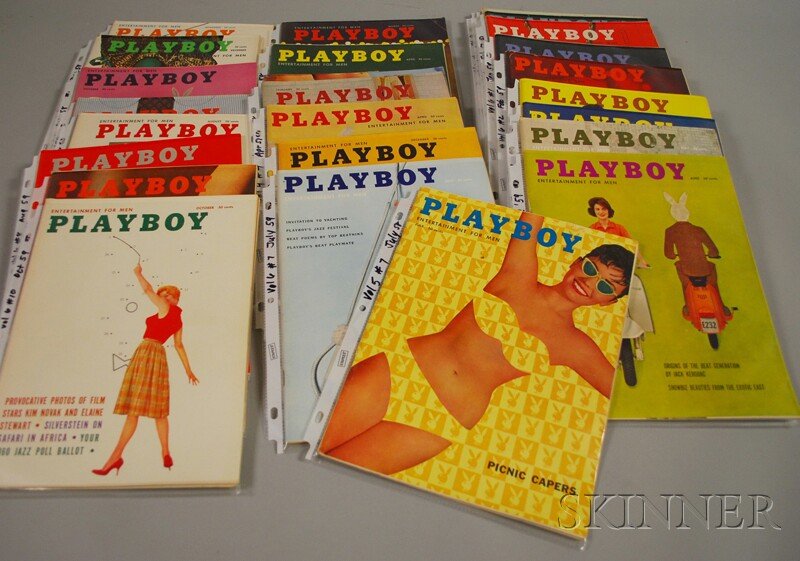 Twenty-seven 1950s Playboy Magazines, including, 1: Twenty-seven 1950s Playboy Magazines, including, 1955 Dec.; 1956 Feb. and Oct.; 1957 Jan., Feb., and April; 1958 Jan.-April, June, and Aug.-Dec.; 1959 Jan.-Oct. and Dec.