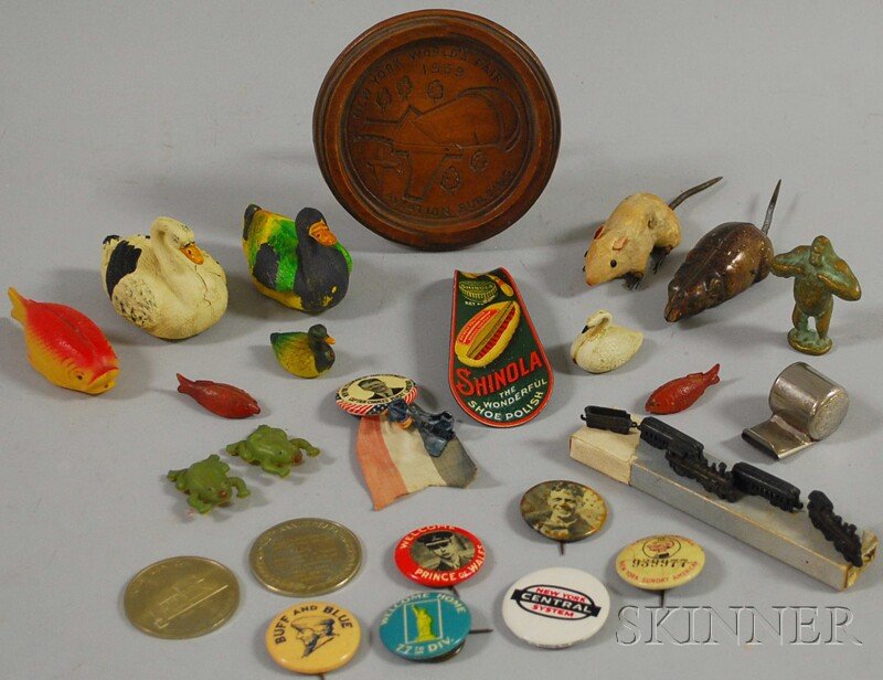 Group of Assorted 20th Century Collectibles, inclu: Group of Assorted 20th Century Collectibles, including pinback buttons, advertising shoehorn, 1939 World's Fair coaster, celluloid animals, tokens, a whistle, miniature bronze gorilla, composition and