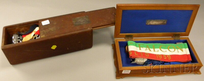 Group of Ship Christening Commemorative Items, a m: Group of Ship Christening Commemorative Items, a mahogany-slide lid box containing smashed reticulated metal champagne bottle sleeve and ribbons commemorating the launch of the "Virgene D. Walton Spon