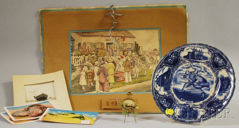 Group of Miscellaneous Articles, a 1936 hand-color: Group of Miscellaneous Articles, a 1936 hand-colored print depicting a Cape Cod estate auction, a miniature enameled brass oak leaf-decorated frame easel, five Cape Cod postcards, a Salem witch plate,