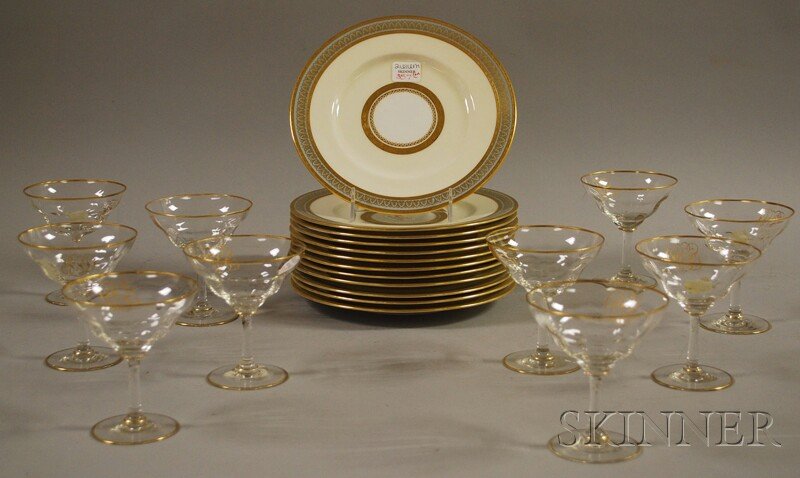 Set Twelve Mintons Gilt and Pale Blue Banded Porce: Set Twelve Mintons Gilt and Pale Blue Banded Porcelain Luncheon Plates and a Set of Ten Gilt Monogrammed Colorless Sherbet/Cocktail Glass, the glasses with "SJD" monogram, plate dia. 8 7/8 in.