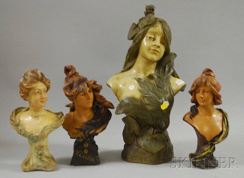 Four Art Nouveau Painted Plaster and Ceramic Busts: Four Art Nouveau Painted Plaster and Ceramic Busts of Maidens, including "Ondine," and "Velleda," (some damage), ht. 12 3/4 to 20 3/4 in.