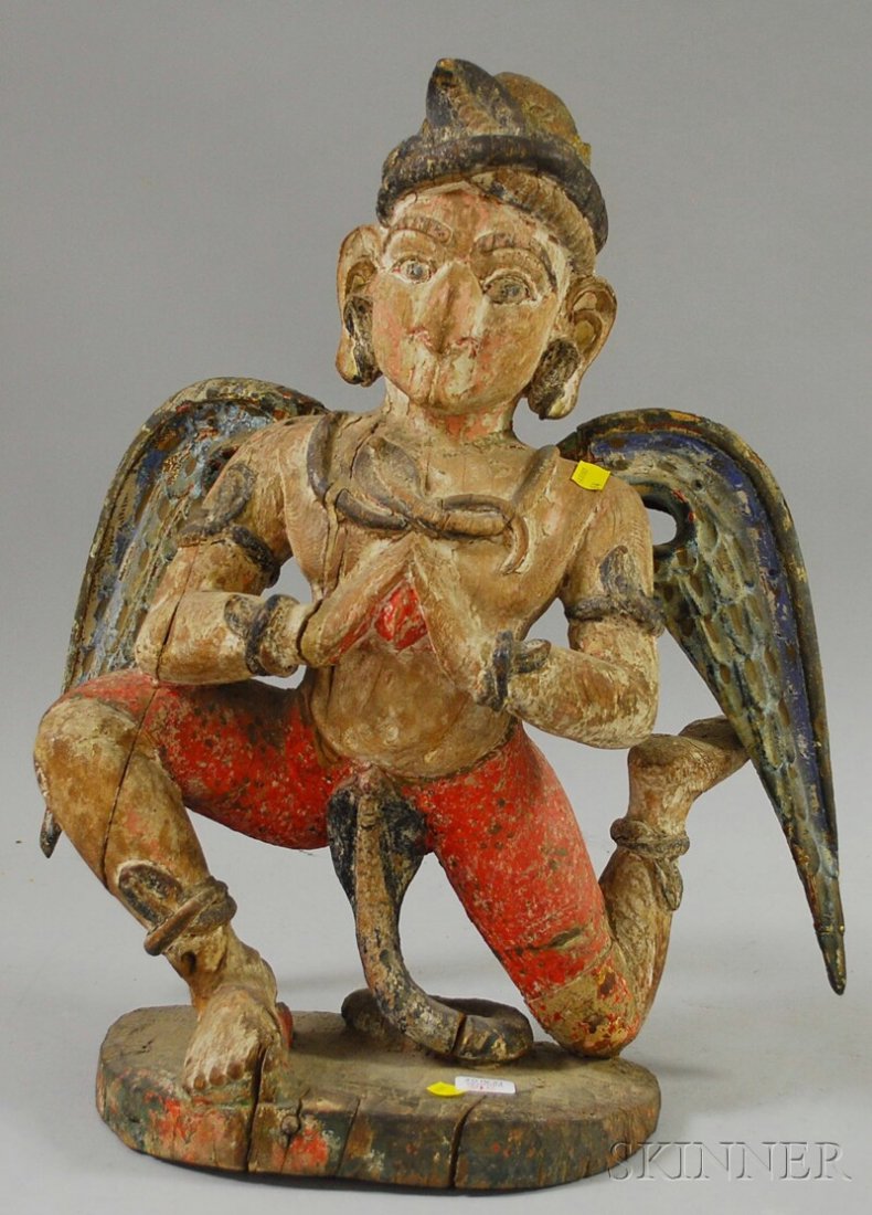 Asian Carved and Painted Wooden Winged Figure, ht.: Asian Carved and Painted Wooden Winged Figure, ht. 20 in.