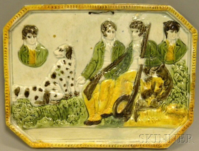 Small Pratt Pearlware Ceramic Wall Plaque, the oct: Small Pratt Pearlware Ceramic Wall Plaque, the octagonal plaque with a hunting scene of four gentlemen with guns and two dogs in shades of green, brown, and gold, the plaque with gold rim, (repaired,