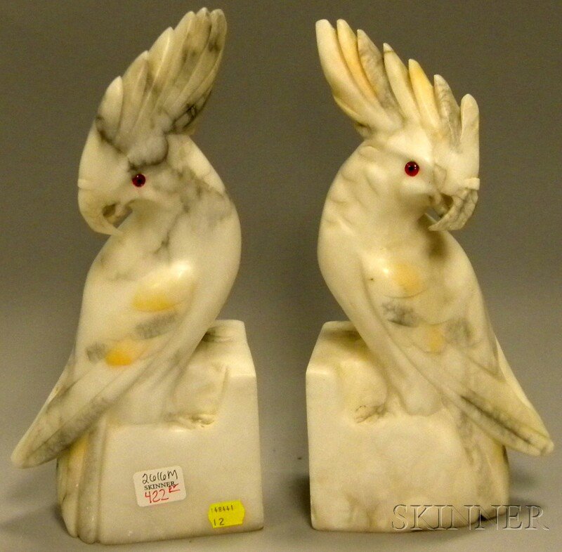 Pair of Italian Carved Alabaster Cockatoo Figural: Pair of Italian Carved Alabaster Cockatoo Figural Bookends, ht. 11 5/8 in.