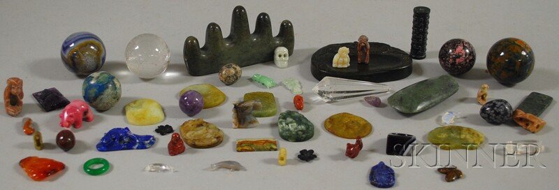 Collection of Chinese and Asian Hardstone, Jade, a: Collection of Chinese and Asian Hardstone, Jade, and Rock Crystal Articles, including an inkstone, brush rest, pendants, fetishes, a bead, miniature figures, rings, etc., approx. 54 items.