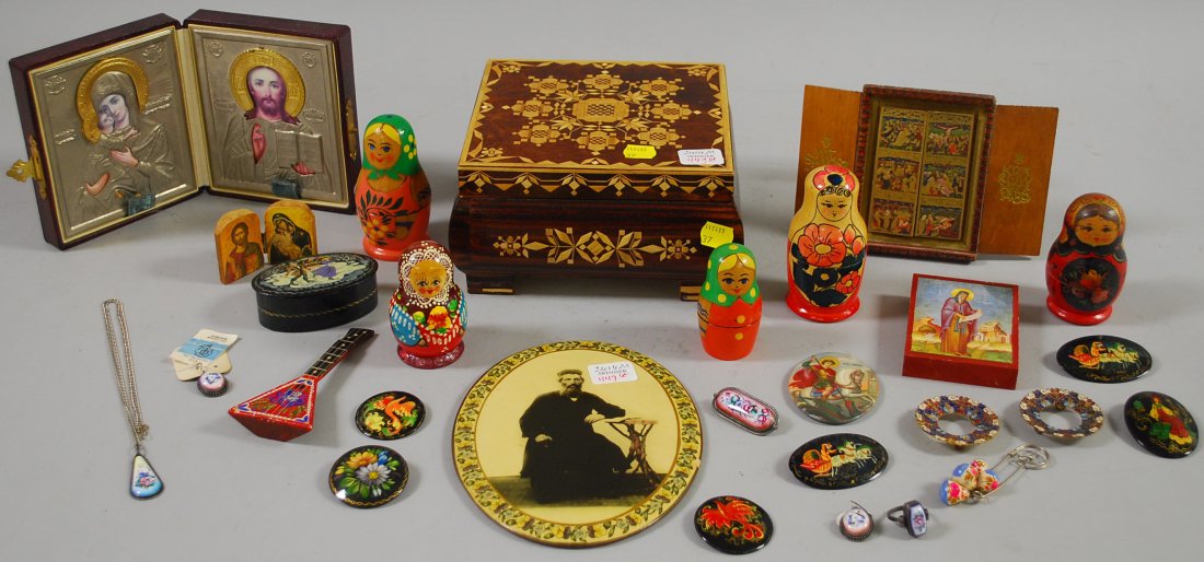 Group of Assorted Mostly Russian Items, including: Group of Assorted Mostly Russian Items, including nesting dolls, icons, jewelry, and decorative containers, etc.