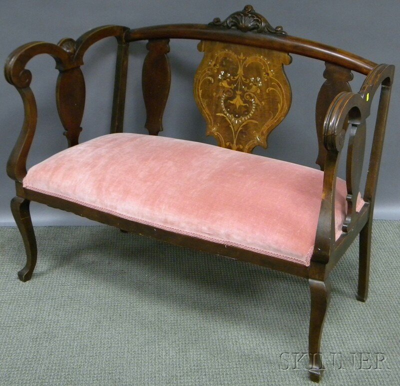 Late Victorian Upholstered Inlaid Carved Walnut Se: Late Victorian Upholstered Inlaid Carved Walnut Settee.
