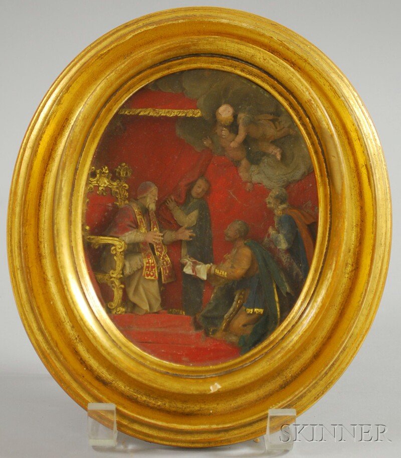 Religious Scene in Wax, Continental, 19th century,: Religious Scene in Wax, Continental, 19th century, featuring a man in papal robes with kneeling visitors before him with two winged cherubs in the upper right corner, in a giltwood shadow box, sight s
