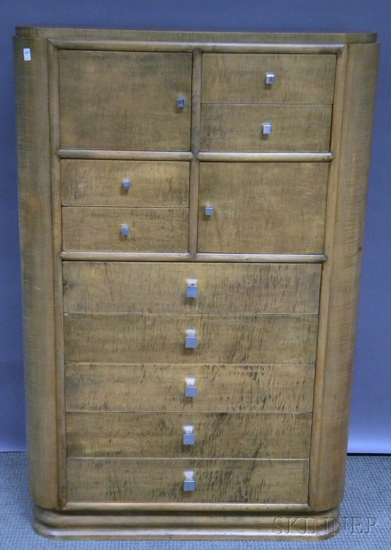 Art Moderne Tiger Maple Eleven-drawer Wardrobe Che: Art Moderne Tiger Maple Eleven-drawer Wardrobe Chest, possibly Gilbert Rohde.