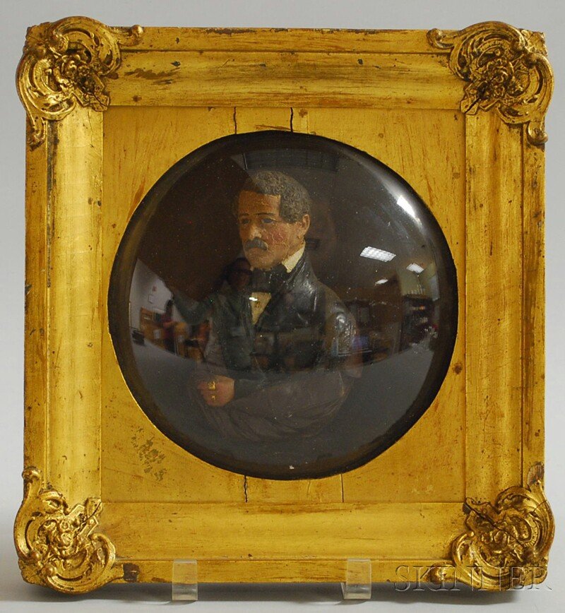 Wax Figure of a Man with Rings, 19th century, with: Wax Figure of a Man with Rings, 19th century, with gilt accents, in a giltwood frame with convex glass, sight size ht. 5 1/2, wd. 3 1/2 in.