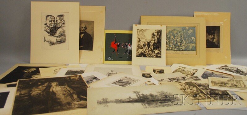 Large Group of Unframed Works on Paper, including: Large Group of Unframed Works on Paper, including a Kathe Kollwitz (German, 1867-1945) photolithograph, Brotherhood, two Carl M. Schultheiss (German, 1885-1961) prints, both signed in pencil l.r., a T
