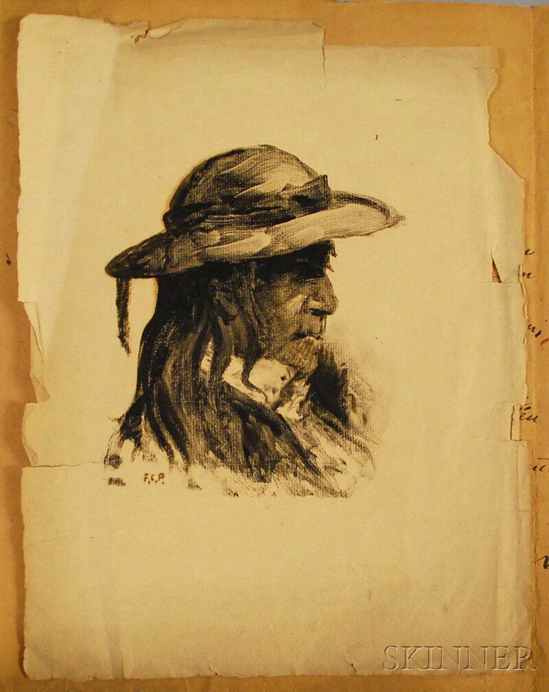 German School, 20th Century Portrait Head of a Man: German School, 20th Century Portrait Head of a Man. Signed "F.C.P." l.l. Ink and charcoal on laid paper, 12 x 9 1/4 in., unframed, in a folded paper portfolio inscribed to Pauline Palmer and dated "Be