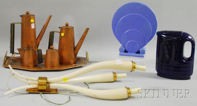 Four Assorted 20th Century Design Items, an Italia: Four Assorted 20th Century Design Items, an Italian art glass and brass three-light wall sconce, a five-piece copper coffee and tea set, a Haeger Deco art pottery vase, and a Hall China cobalt refrige