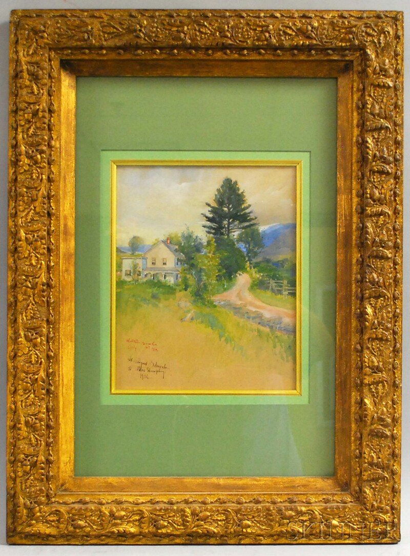 Henry August Schwabe (American, 1843-1916) House i: Henry August Schwabe (American, 1843-1916) House in West Kill County, New York. Signed and inscribed "H. August Schwabe/West Kill...Co. NY/16 July 1912..." Watercolor on brown paper, sight size 10 1/4