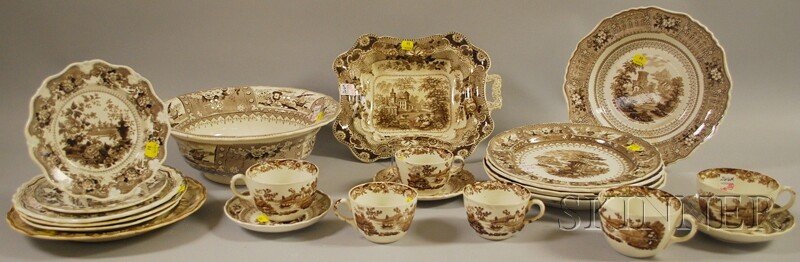 Twenty-two Pieces of English Brown and White Trans: Twenty-two Pieces of English Brown and White Transfer Pattern Staffordshire Tableware, including two sets of three cups, an R. Hall Parisian Chateau footed serving bowl, a T. Mayer Canova basin and pl