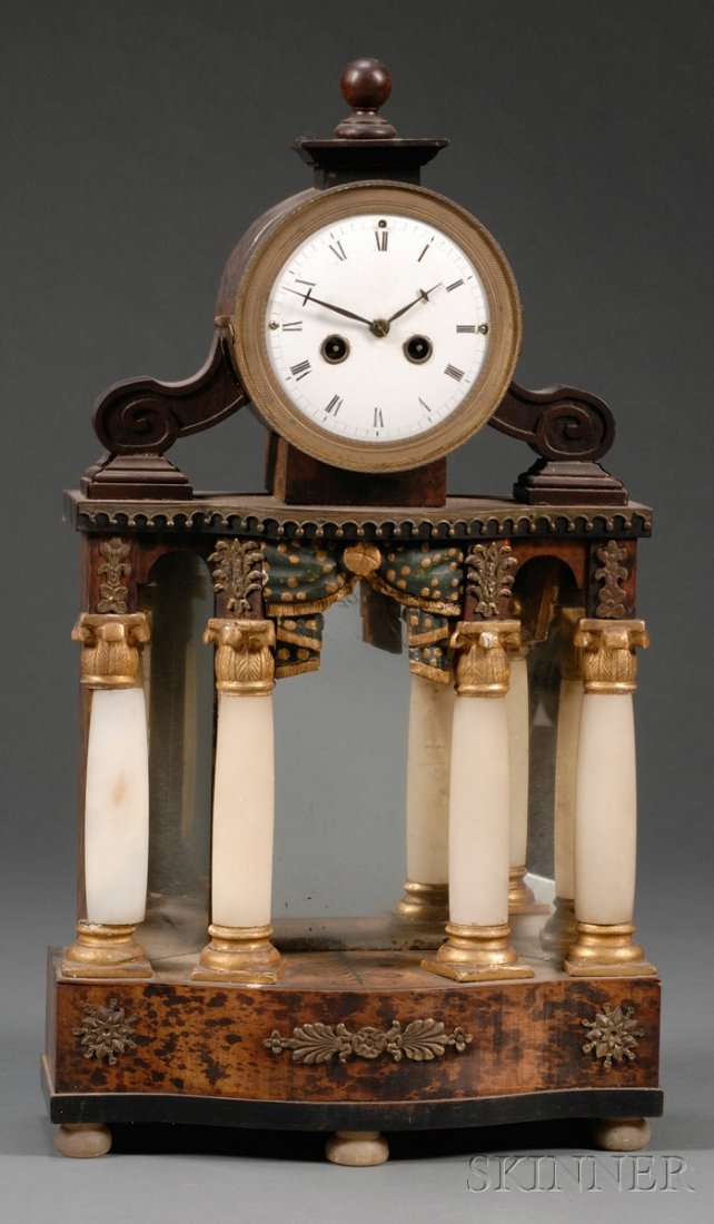 Biedermeier Painted and Parcel-gilt, Onyx, and Gil: Biedermeier Painted and Parcel-gilt, Onyx, and Gilt-metal-mounted Mantel Clock, mid-19th century, with two-train movement in round bezel flanked by wood scrolls, on temple-form case with four white on