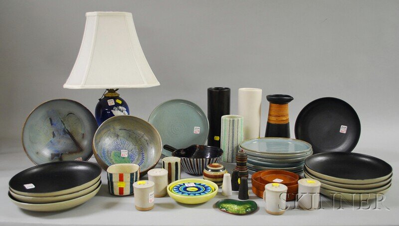 Group of 20th Century Modern Pottery, Table Items,: Group of 20th Century Modern Pottery, Table Items, Kitchenware, and a Royal Copenhagen Poppy-decorated Porcelain Table Lamp, including two Darger pottery bowls, a set of eight plates, four salt and pe