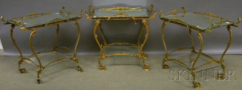 Set of Three Rococo-style Cast Brass and Glass Tea: Set of Three Rococo-style Cast Brass and Glass Tea Carts, tops with mirrored glass, ht. 30 1/2, lg. 35, wd. 20 in.