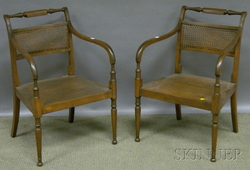 Pair of Regency-style Mahogany Armchairs with Cane: Pair of Regency-style Mahogany Armchairs with Caned Backs.