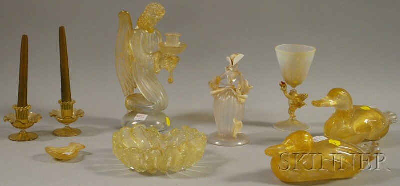 Nine Pieces of Assorted Colored Venetian Art Glass: Nine Pieces of Assorted Colored Venetian Art Glass, a kneeling angel figural candleholder, a pair of ducks, a pair of daffodil blossom-form candleholders, a small scallop shell-form dish, a bowl, gobl