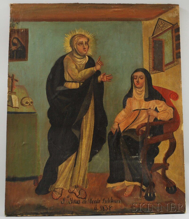 Spanish Colonial School, 19th Century Santa Ynes d: Spanish Colonial School, 19th Century Santa Ynes de Monte Pulchian, 1838. Unsigned, title and date inscribed l.c. Oil on canvas, 31 1/2 x 26 in., unframed. Condition: Canvas glued to stretcher, p
