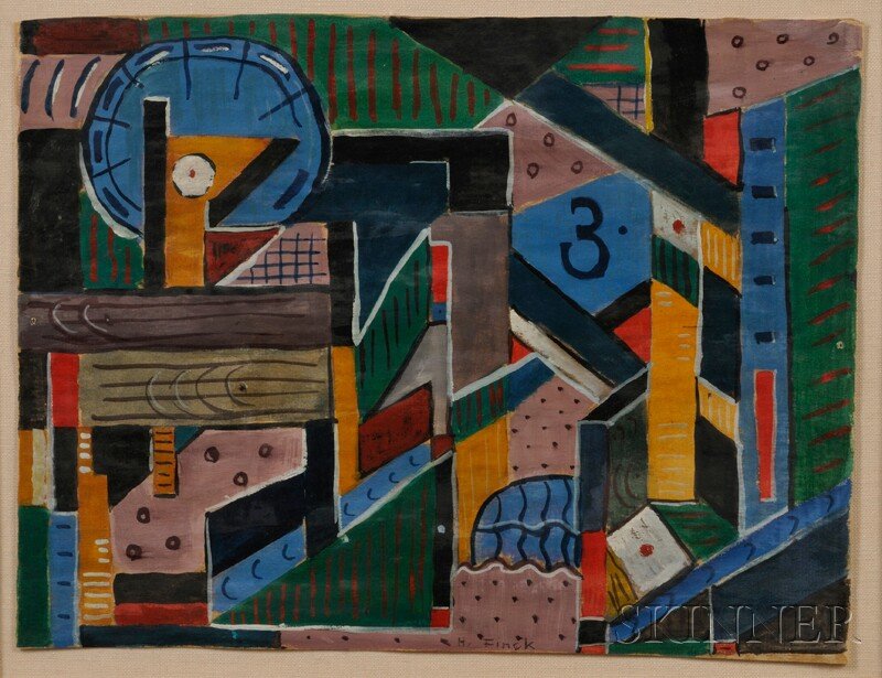 Hazel Finck (American, 1894-1977) Untitled Abstrac: Hazel Finck (American, 1894-1977) Untitled Abstract. Signed "H. Finck" l.c., numbered "#13" on the reverse. Gouache and tempera on paper, image size 9 1/8 x 12 in., in a Guido frame. Condition: Subtle