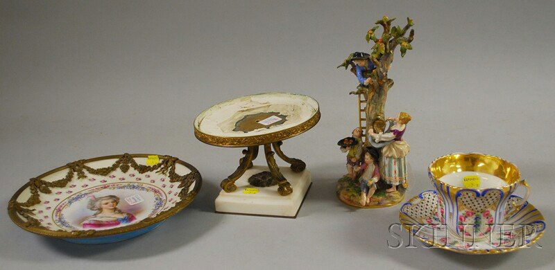 Three Assorted European Porcelain Items, a Meissen: Three Assorted European Porcelain Items, a Meissen figural group with two boys and a woman beneath an apple tree, with a third boy up on a ladder picking apples, underglaze blue crossed swords mark to