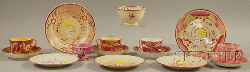 Fifteen Pieces of Assorted English Pink Lustre Tab: Fifteen Pieces of Assorted English Pink Lustre Tableware, a set of three cups and saucers, a salt, waste bowl, cup and saucer, and five plates.