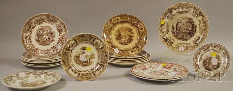 Eighteen English Brown and White Transfer Pattern: Eighteen English Brown and White Transfer Pattern Staffordshire Plates, including a T. & J. Mayer Bosphorus plate, four David Johnston plates, two Pomerania plates and a soup, an Alhambra plate, a set