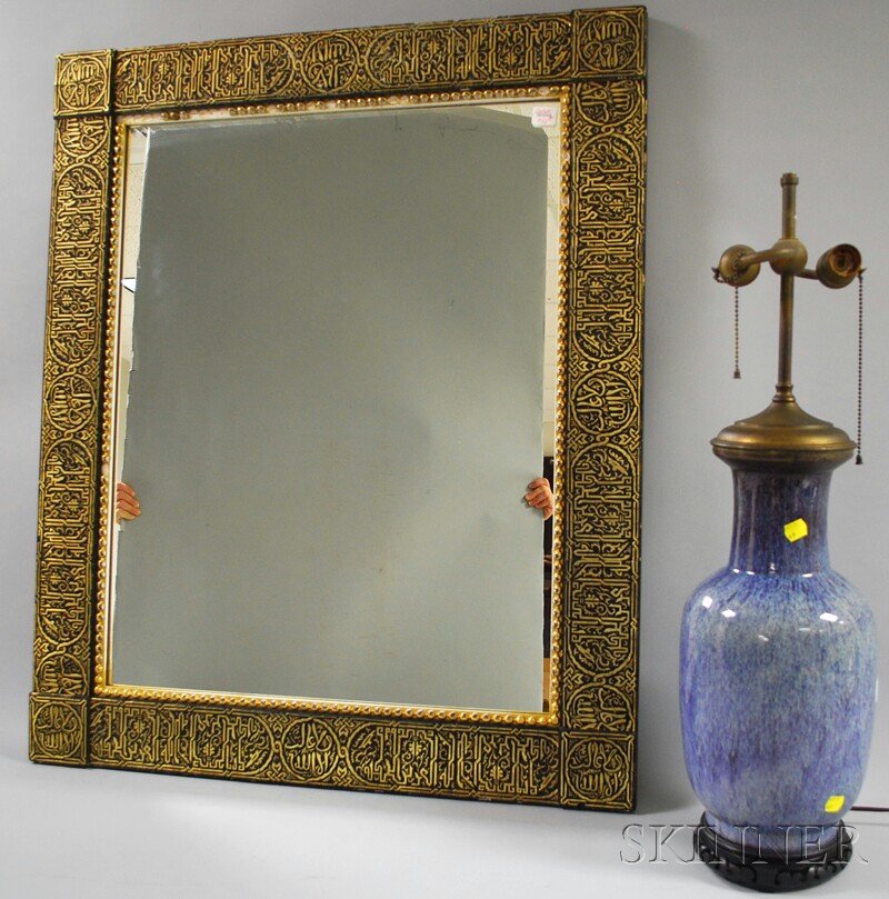 Moorish-style Gilt and Painted Gesso Framed Mirror: Moorish-style Gilt and Painted Gesso Framed Mirror and a Glazed Art Pottery Vase/Table Lamp, mirror 36 1/2 x 30 1/2, vase body approx. ht. 15 1/4 in.