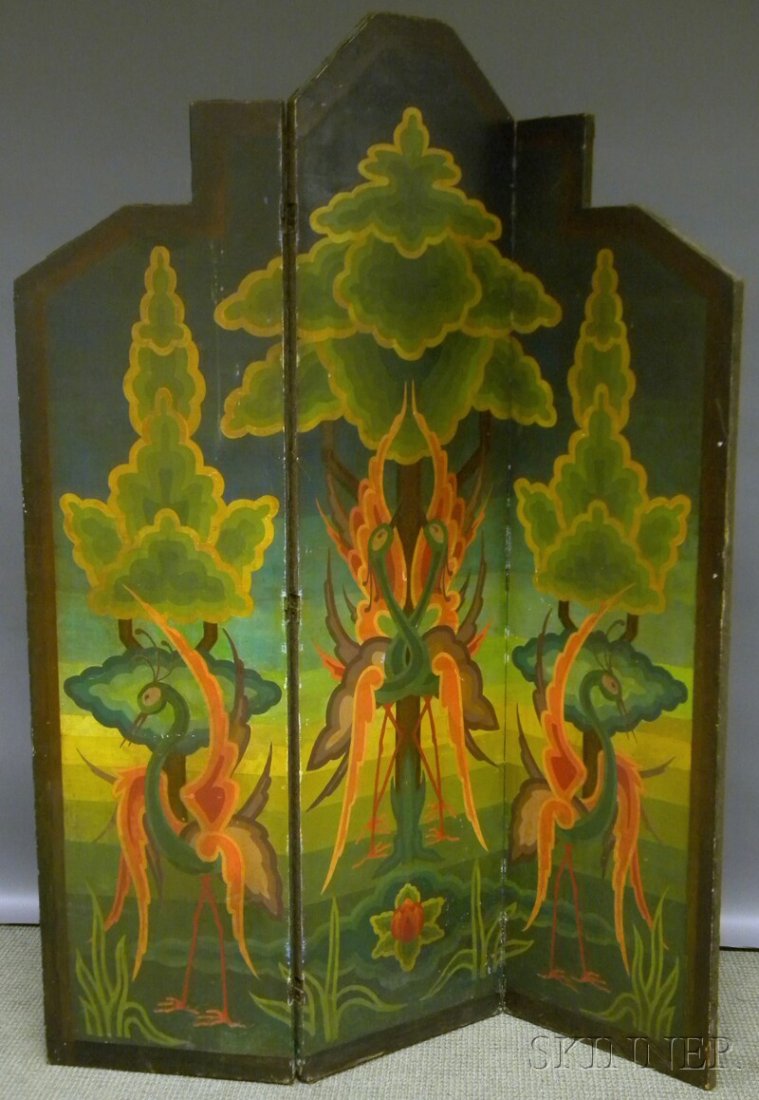 Art Deco Polychrome-painted Canvas Three-panel Flo: Art Deco Polychrome-painted Canvas Three-panel Floor Screen, ht. 72, each flanking panel wd. 18 and central panel wd. 18 1/2 in.