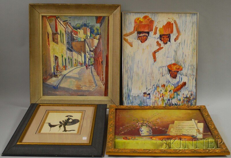 Four Assorted Framed Works: Charles Theadore Allen: Four Assorted Framed Works: Charles Theadore Allenbrook (American, b. 1905), Village Street Scene, signed l.r., oil on canvas, sight size 23 3/4 x 19 3/4; Caroline Duprey (American, 20th Century), Lad