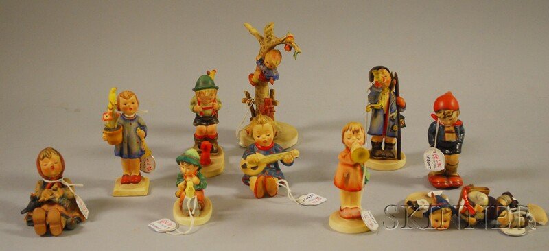 Ten Ceramic Hummel/Goebel Ceramic Figures and Figu: Ten Ceramic Hummel/Goebel Ceramic Figures and Figural Groups, two with stamped 1934-50 crown mark, two with incised crown mark, and two with 1940-59 full bee mark, (one broken), ht. to 6 3/4 in.