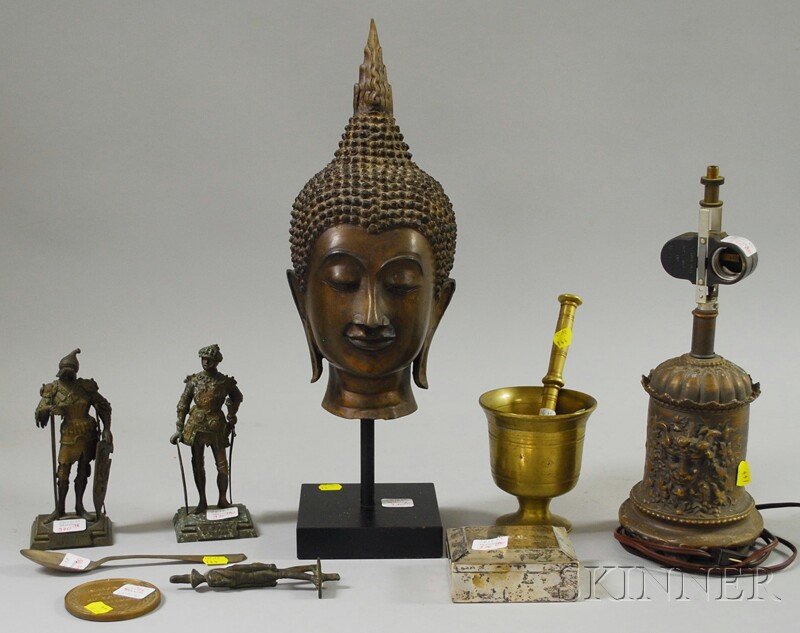 Ten Miscellaneous Decorative Items, a southeast As: Ten Miscellaneous Decorative Items, a southeast Asian bronze head of Buddha, a Gorham sterling silver cigarette box, a bronze 1963 National Academy of Science Centennial medal, an Egyptian-style metal
