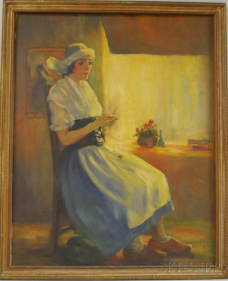 Northern European School, 19th/20th Century Portra: Northern European School, 19th/20th Century Portrait of a Dutch Girl Sitting by a Window. Unsigned. Oil on paperboard, 30 x 24 in., framed. Condition: Surface grime, surface abrasions, frame abrasio