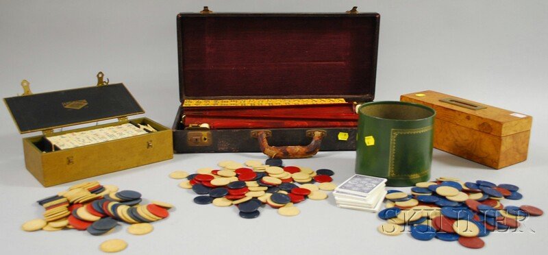 Small Group of Vintage Gaming Sets and Related Acc: Small Group of Vintage Gaming Sets and Related Accessories, two cased mahjong sets, one Pung Chow with celluloid-faced wooden tiles in a gold fabric-cased box, the other a Catalin set from Eastern Dis