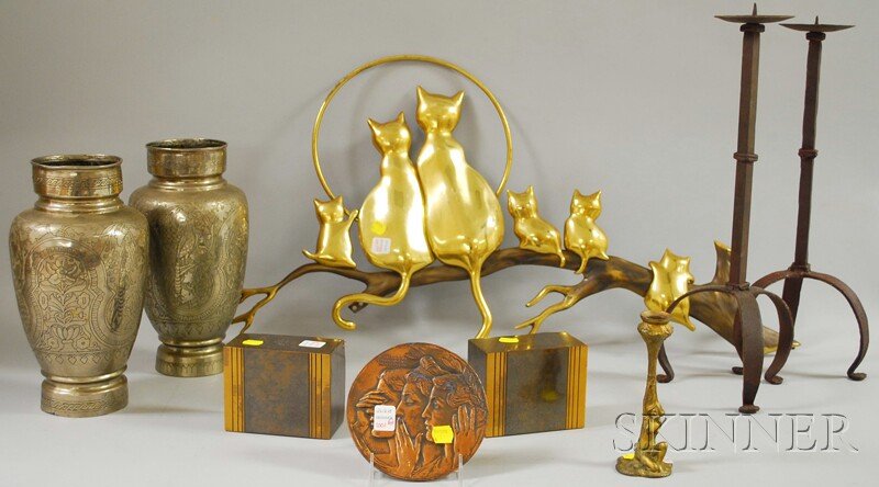 Group of Assorted Metal Decorative and Table Item: Group of Assorted Metal Decorative and Table Items, a pair of vases with etched floral design, an Art Nouveau-style small candleholder with a nude woman against a stylized shaft, a Robert Ingersoll Ai
