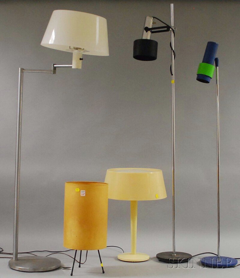 Five Modern Floor and Table Lamps, two Lightolier: Five Modern Floor and Table Lamps, two Lightolier floor lamps, an aluminum adjustable-arm floor lamp, a wire table lamp, and a plastic table lamp.