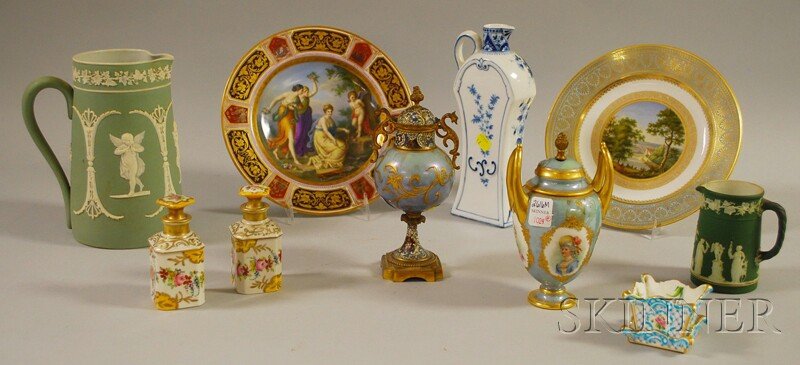 Ten Assorted European Ceramic Items, a Sevres gil: Ten Assorted European Ceramic Items, a Sevres gilt-decorated plate with pastoral landscape scene, an Austrian hand-painted plate after Angelica Kauffmann, a small Minton blue enameled container with u