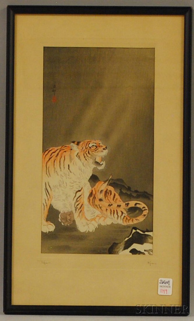 Ohara Koson (Japanese, 20th Century) Tiger. Signe: Ohara Koson (Japanese, 20th Century) Tiger. Signed in pencil l.r., titled l.l., and signed within the image. Watercolor on paper, sight size 13 1/4 x 7 1/8 in., framed. Condition: Not examined out of 