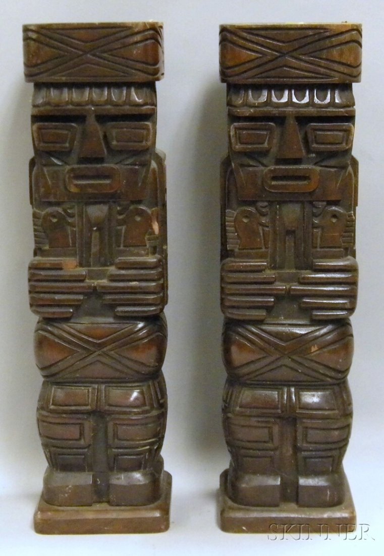Pair of Modern Carved Wood Totem-style Table Lamp: Pair of Modern Carved Wood Totem-style Table Lamp Bases, overall ht. 21 1/2, wd. 5 7/8 in.