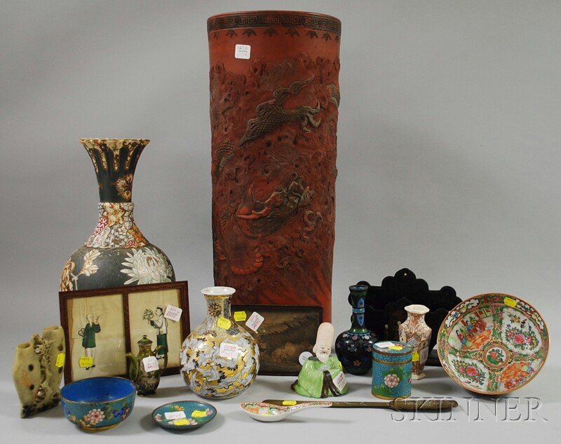 Sixteen Assorted Asian Items, six ceramic items,: Sixteen Assorted Asian Items, six ceramic items, four small cloisonne items, a carved soapstone vase, brass page turner, lacquered letterholder, framed gouache double portrait and woodblock print, and