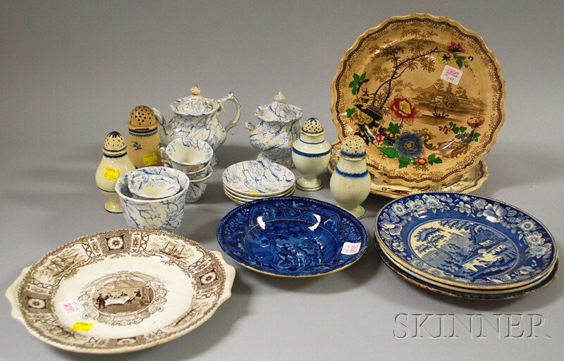 Four Leeds and Pearlware Pepper Pots and a Child': Four Leeds and Pearlware Pepper Pots, a Child's Eleven-piece Staffordshire Tea Set, and Seven Assorted Transferware Plates.