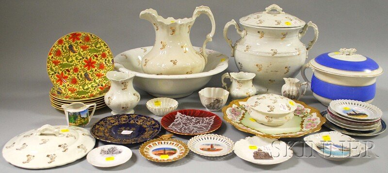 Thirty-five Pieces of Souvenir China and Assorted: Thirty-five Pieces of Souvenir China and Assorted Ceramic Tableware, souvenir items including eleven plates, two creamers, and two small bowls, a six-piece American China Co. gilt transfer-decorated c