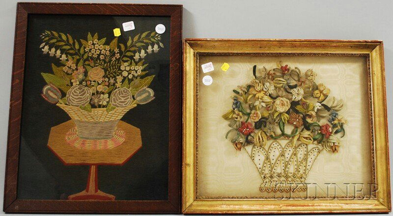 Two Framed Victorian Embroidered and Wirework Flo: Two Framed Victorian Embroidered and Wirework Floral Panels, an embroidered basket of flowers on a table still life and a velvet wirework, embroidered, and sequined basket of flowers still life, sight