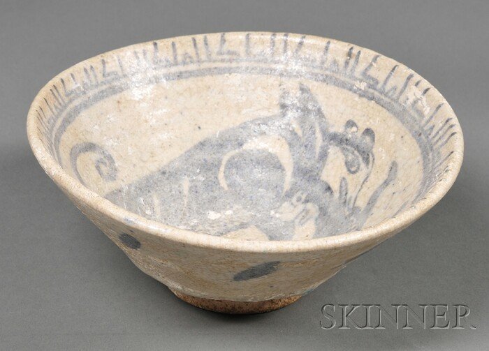 Pottery Bowl, Persia, possibly 16th century, Kashan: Pottery Bowl, Persia, possibly 16th century, Kashan ware, underglaze blue design of a monkey and a hare, inscription at the mouth, dia. 7 1/4 in.